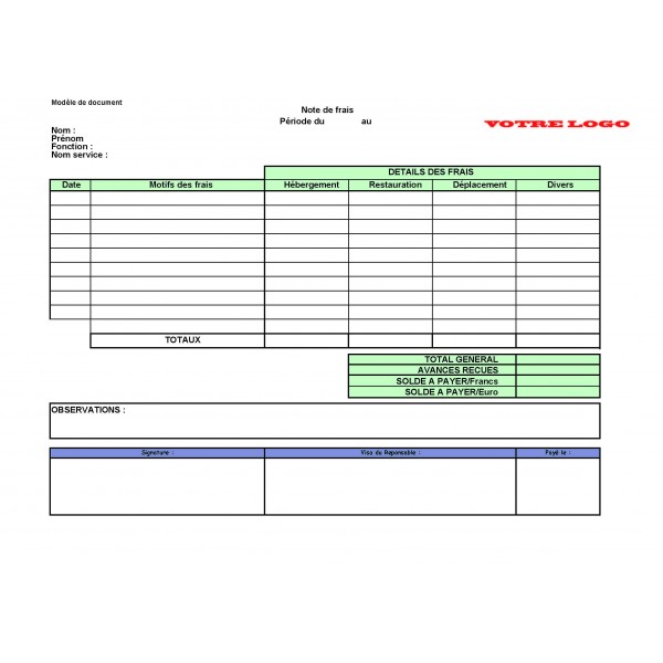 Modèle de note de frais gratuit